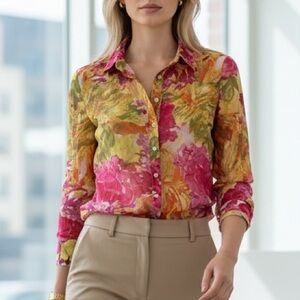 J.Crew Watercolor Floral Button-Up silk cotton lightweight Shirt size Approx a m